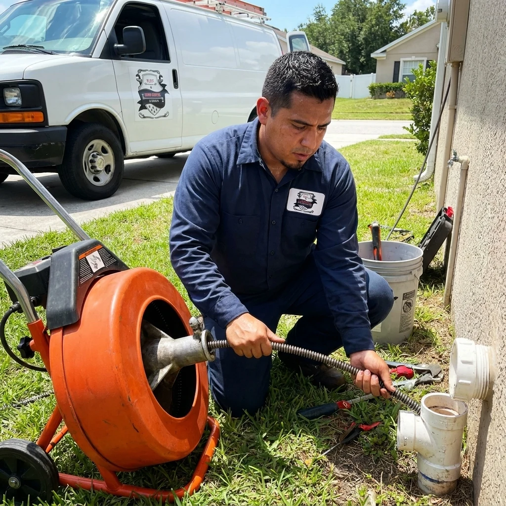Snaking a drain line in a compact-lot Seffner house