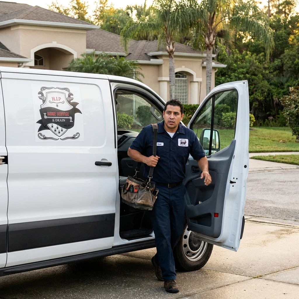 Plumber stepping out of a white service van with a tool bag in front of a stucco Seffner home on an emergency call