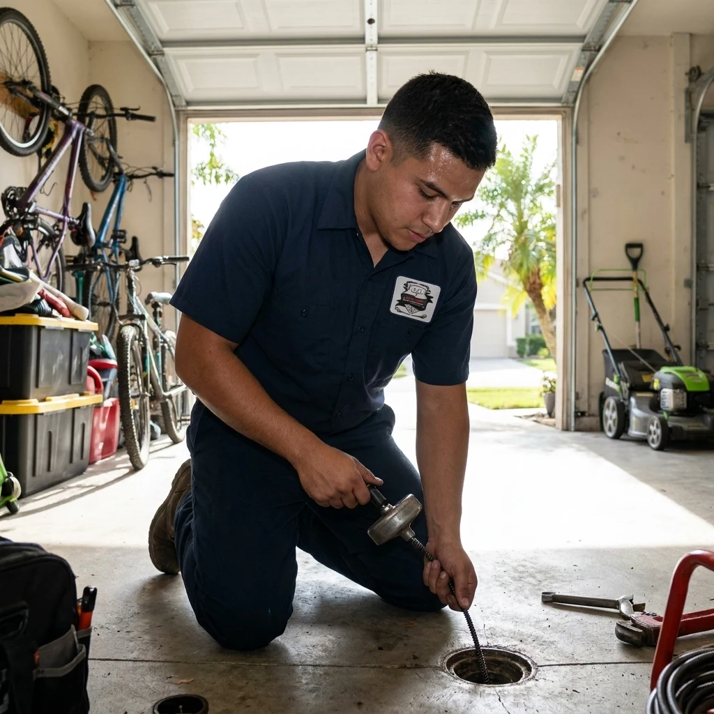 Cleaning a garage floor drain in a Seffner home