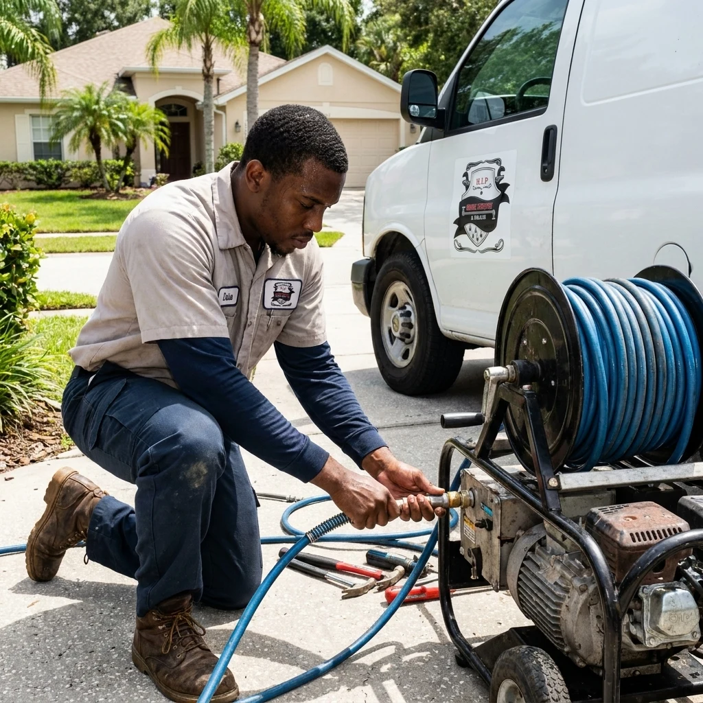 Plumber connecting a blue high-pressure hose to a hydro jetting reel and engine unit in a Seffner driveway