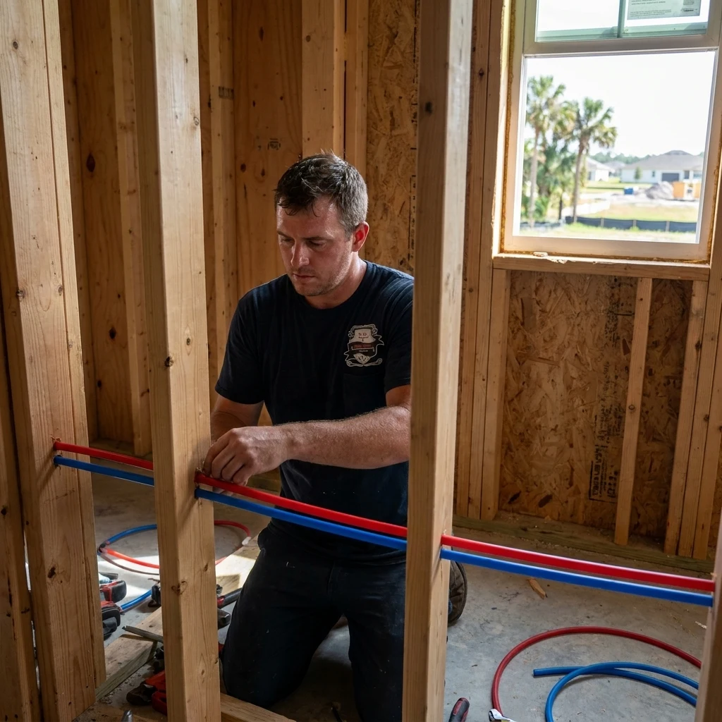 Plumber fastening red and blue PEX supply lines through open wall studs during a bathroom rough-in