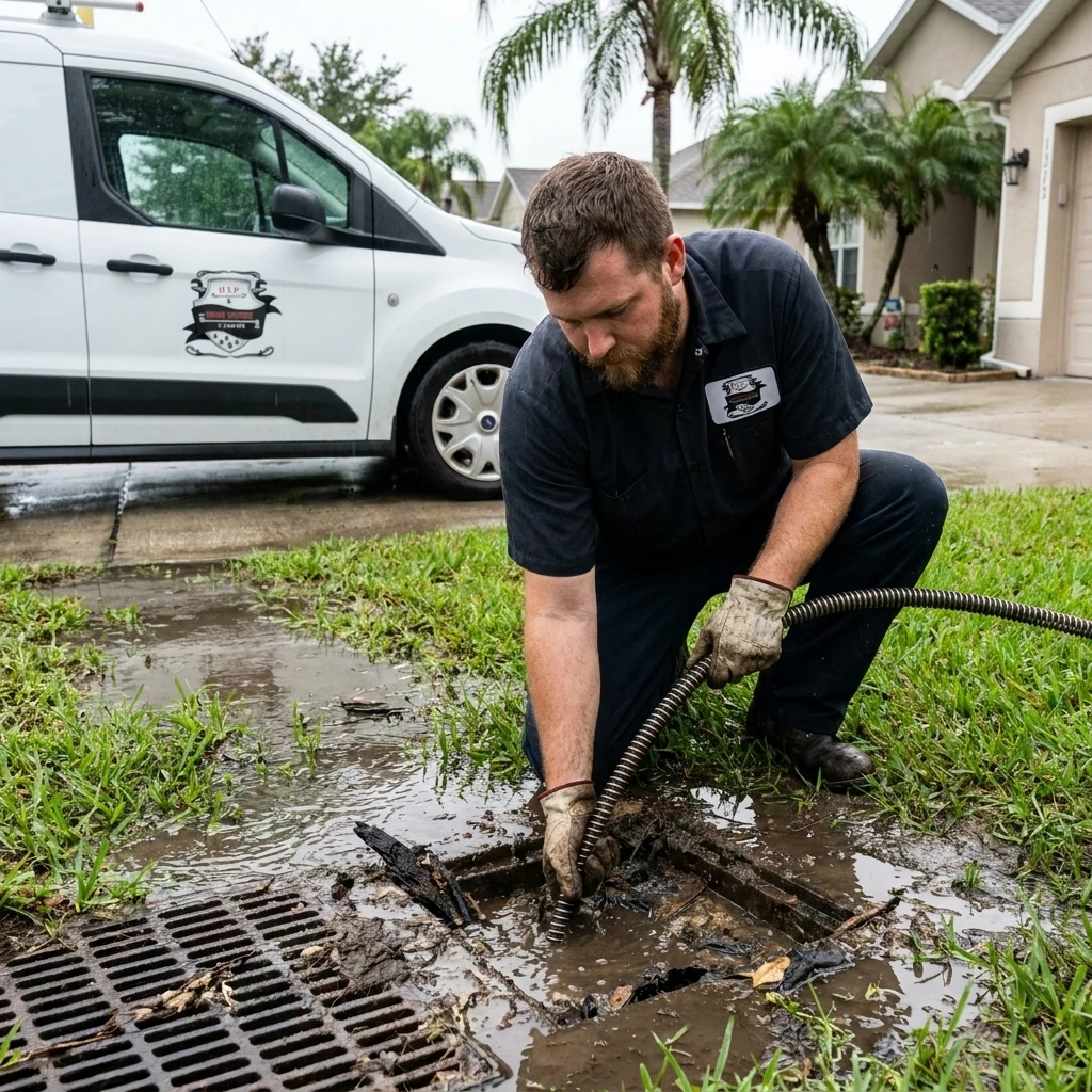 Clearing an outdoor yard drain at a lakeside Seffner property