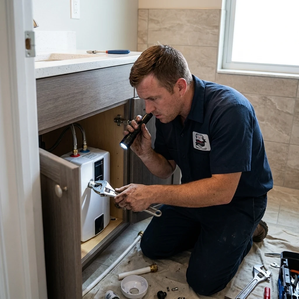 A point-of-use water heater installed under a sink
