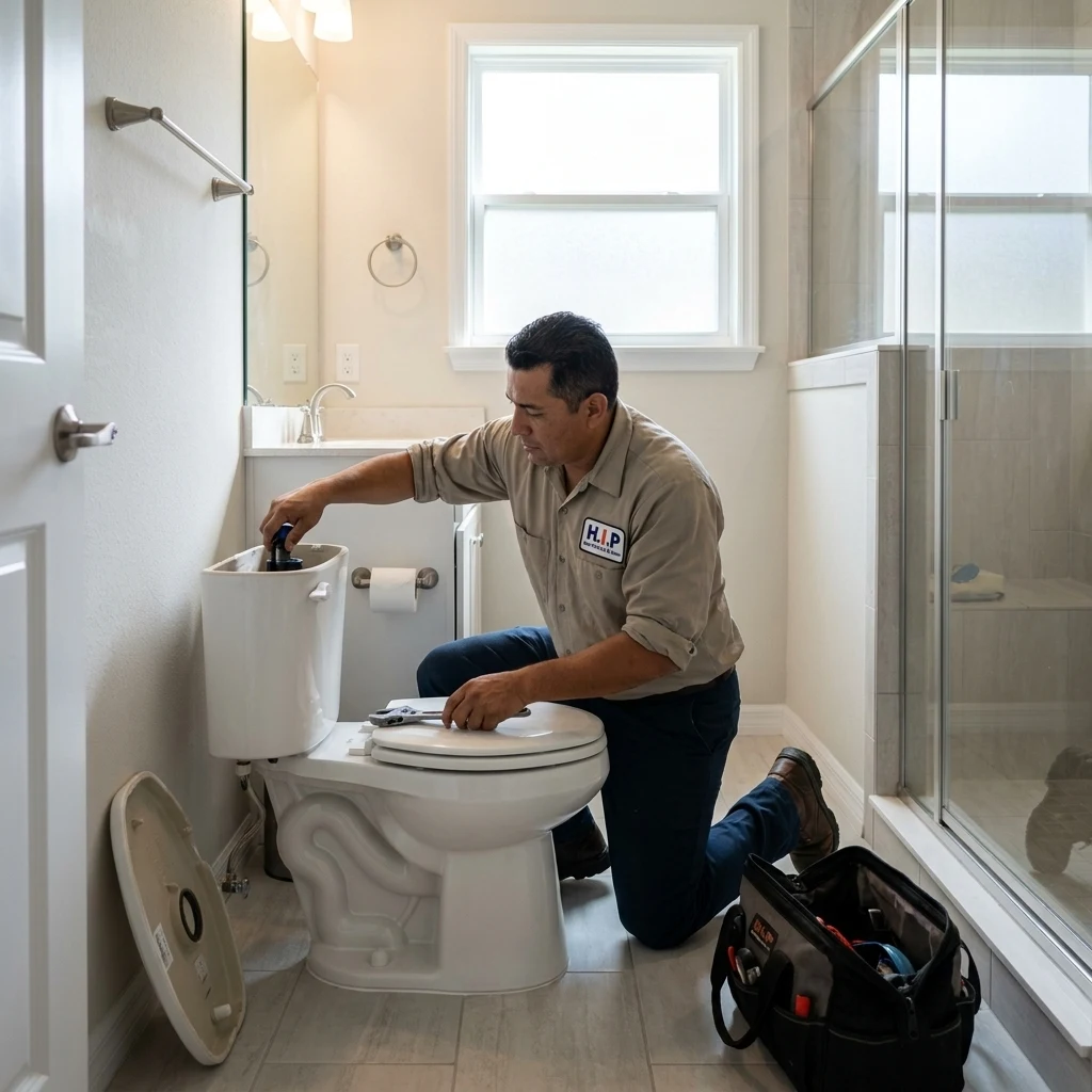 Plumber kneeling beside a toilet with the tank lid off, adjusting parts inside an open tank in a Seffner bathroom