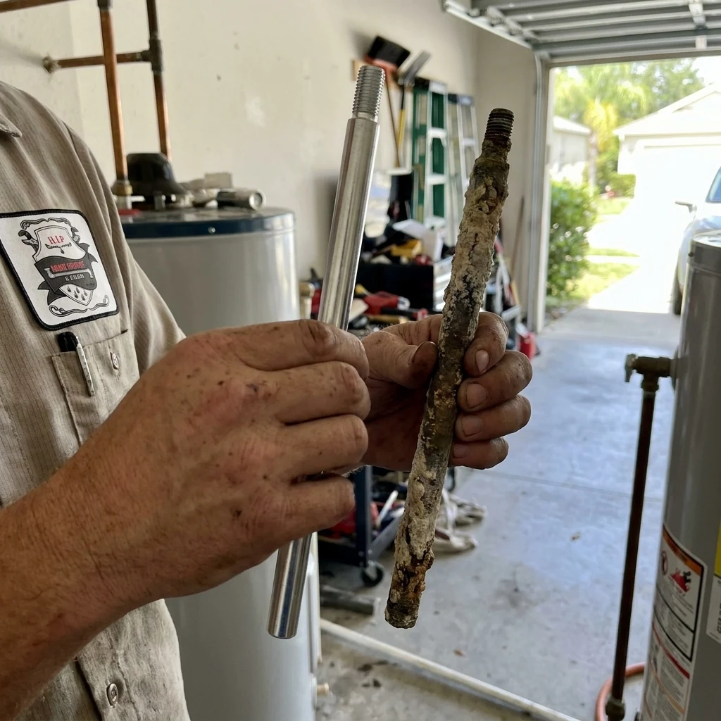 A water heater anode rod pulled for inspection