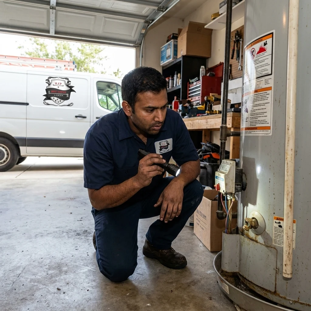 Inspecting a tank water heater for a leak at a Mango address