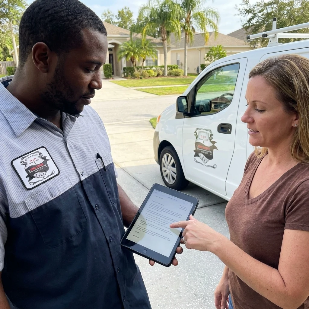 Plumber showing a homeowner a written estimate on a tablet beside a service van on a Seffner street